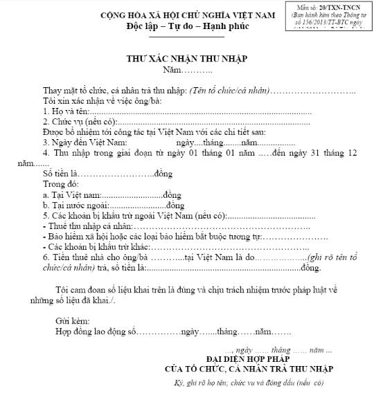 Thư xác nhận thu nhập mẫu 20/txn-tncn