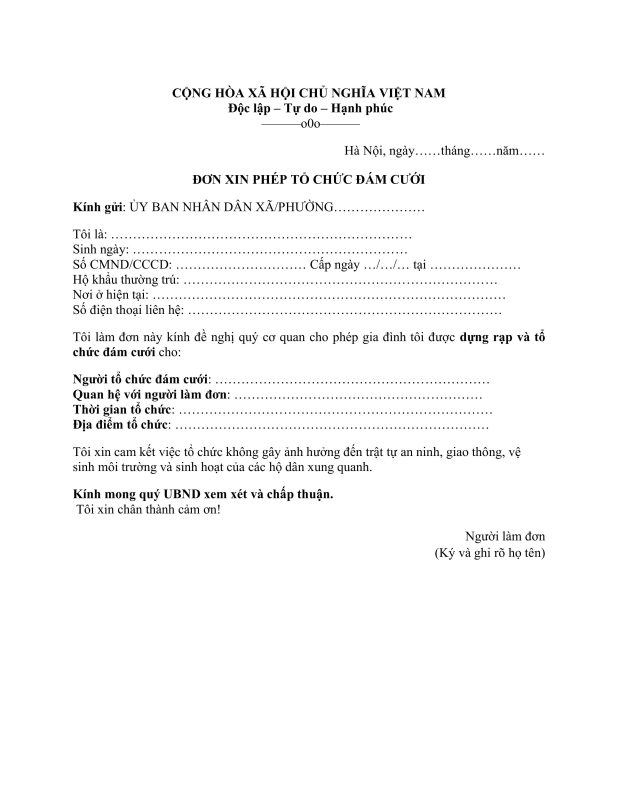 Tải ngay mẫu đơn xin tổ chức đám cưới mới nhất năm 2025 chuẩn
