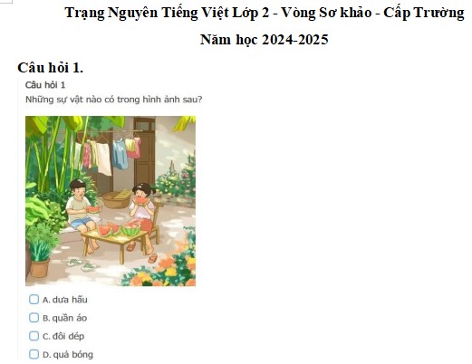 Đề thi Trạng nguyên Tiếng Việt lớp 2 cấp trường