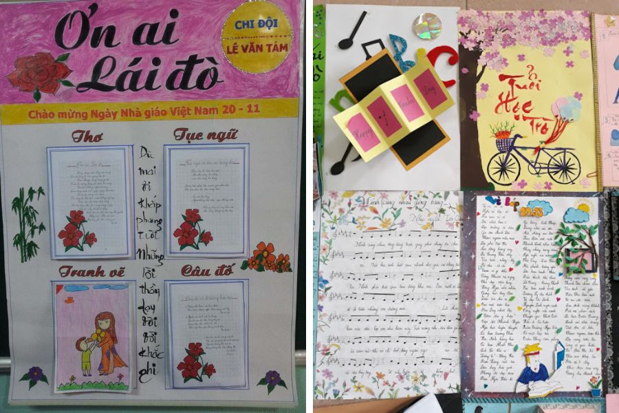 Mẫu trang trí báo tường 20 11 vẽ tay cùng nhiều thể loại (trái) và tác phẩm kết hợp với gấp giấy thủ công đầy sáng tạo (phải).