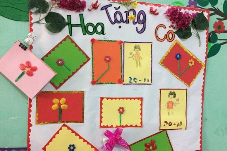 Mẫu trang trí báo tường 20 11 trên giấy a4 được kết hợp từ những bức tranh nhỏ đính kèm lạ mắt.