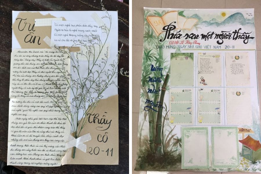 Hai mẫu trang trí báo tường trên giấy a4 20 11 sáng tạo với sự kết hợp từ hoa khô và tranh phong cảnh.