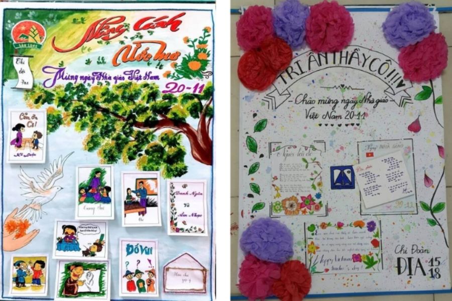 Hai mẫu trang trí báo tường 20 11 của Chi đoàn 7A1 (trái) và Chi đoàn Địa 15/18 (phải) đạt giải Ấn tượng trong cuộc thi của trường.