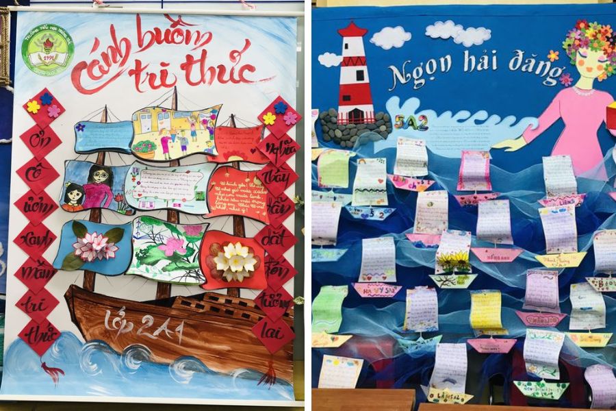 Hai mẫu trang trí báo tường được đánh giá cao bởi sự kết hợp giữa vẽ, thư pháp và gấp giấy thủ công đầy tỉ mỉ.