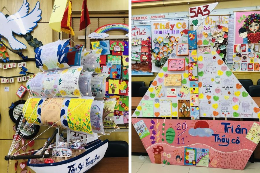 Hai mẫu trang trí báo tường hình dáng chiếc thuyền sinh động đã đạt giải cao trong cuộc thi trang trí.