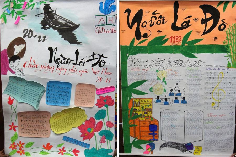 Mẫu trang trí báo tường với hình ảnh Người lái đò thân thuộc cùng nhiều bức thư tay, văn và bài hát tri ân Thầy Cô.