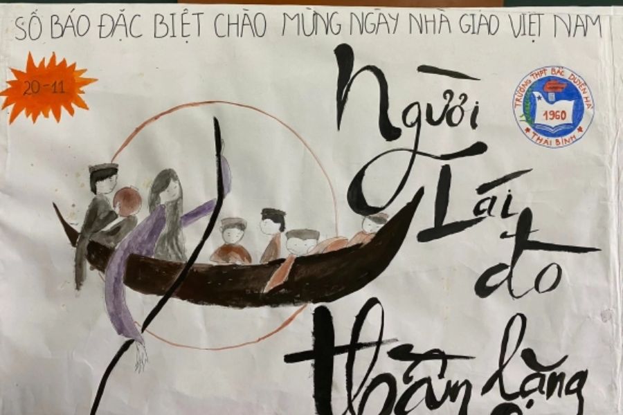 Mẫu trang trí báo tường 20 11 với hình ảnh người lái đò cùng dòng chữ thư pháp cổ điển.