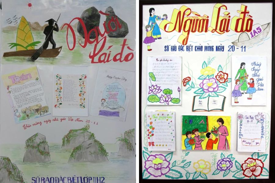 Mẫu trang trí báo tường 20 11 với hình ảnh Người lái đò cần mẫn được kết hợp cùng nhiều thể loại như thơ, truyện ngắn, tự sự,...