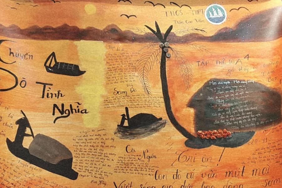 Hình ảnh “Người lái đò” xuất hiện trong báo tường 20 11 tựa như một bức tranh nghệ thuật tuyệt hảo.