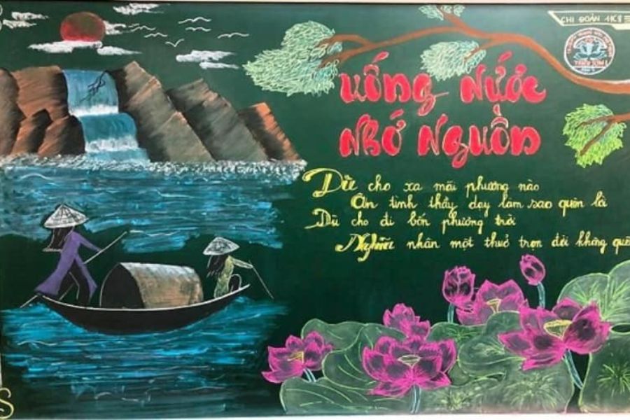 Tác phẩm báo tường 20 11 chủ đề người lái đò với sự kết hợp hoàn hảo giữa thơ ca cùng những nét vẽ nghệ thuật.