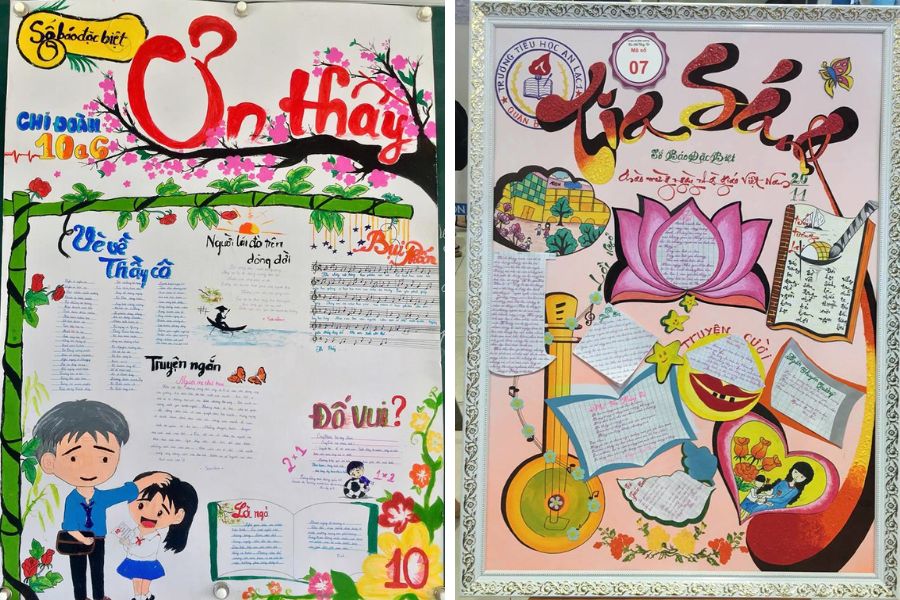 Mẫu trang trí báo tường 20 11 với hình ảnh hoa phượng thân quen (trái) và hoa sen đậm chất Việt Nam (phải).