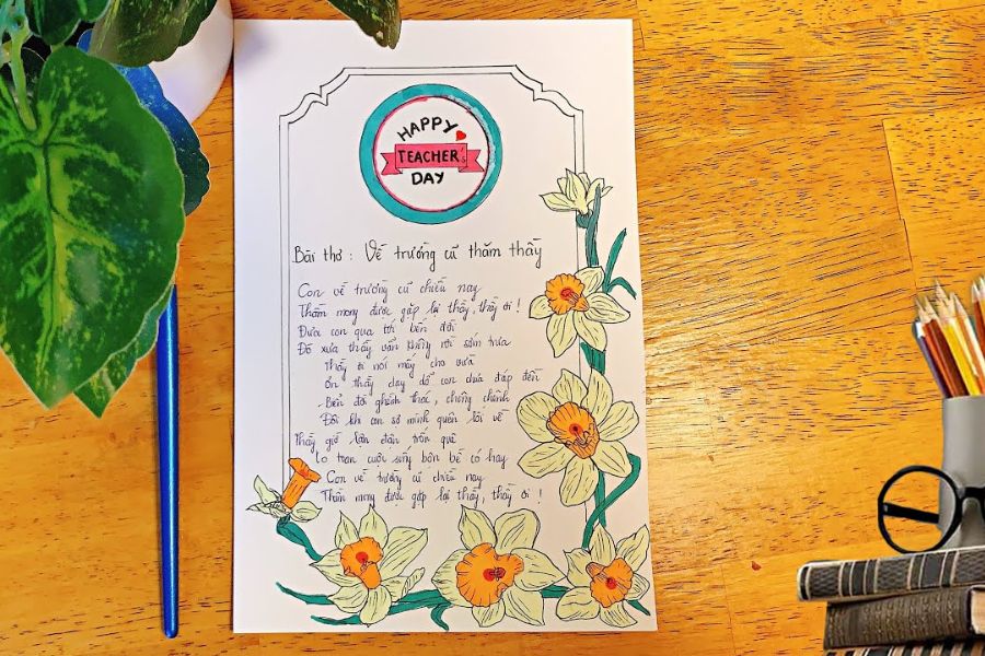 Mẫu trang trí báo tường trên giấy a4 20 11 dưới hình dạng một bài thơ cùng hình vẽ trang trí giản dị.