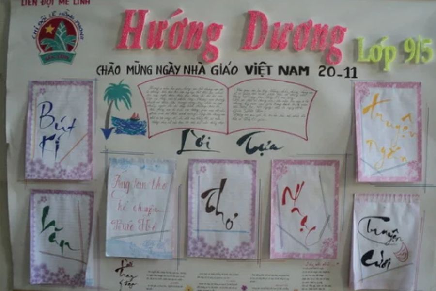 Mẫu trang trí báo tường với nhiều ấn phẩm kết hợp của Chi đội lớp 9/5.