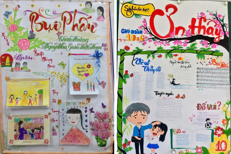 Hai mẫu trang trí báo tường được tạo nên bởi những nét vẽ bằng bút sáp màu đơn giản của lớp 2A1 (trái) và lớp 10A6 (phải).