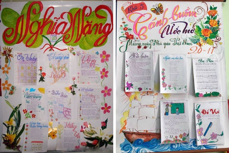 Mẫu trang trí báo tường kết hợp nhiều bông hoa sinh động (trái) cùng tác phẩm với sự kết hợp hài hòa giữa hoa - thuyền (phải).