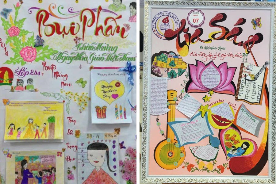 Hai mẫu trang trí báo tường trên giấy a4 20 11 được vẽ hoàn toàn bằng tay, chứa đựng đầy tình cảm dành cho Thầy Cô.
