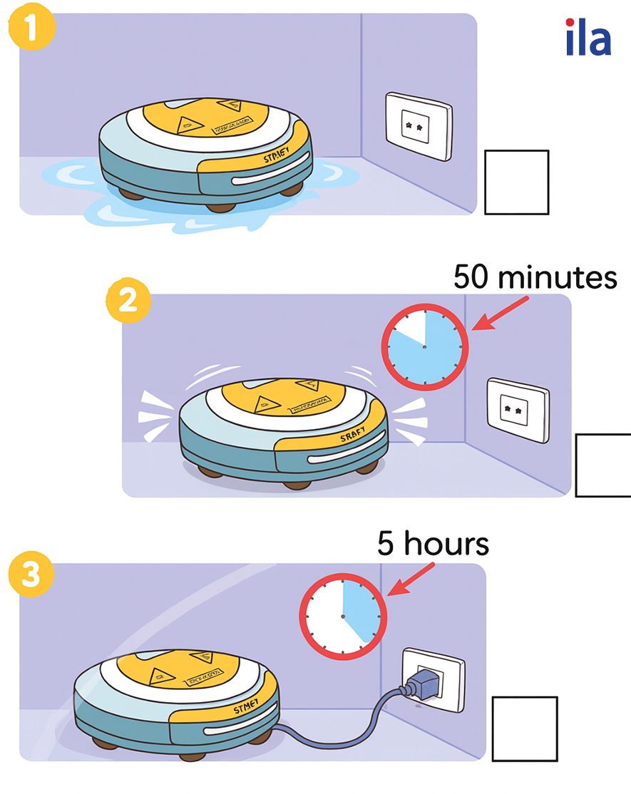 Nghe lại. Đánh dấu (✓) vào cách sử dụng đúng và (x) vào cách sử dụng sai đối với RoboVacuum