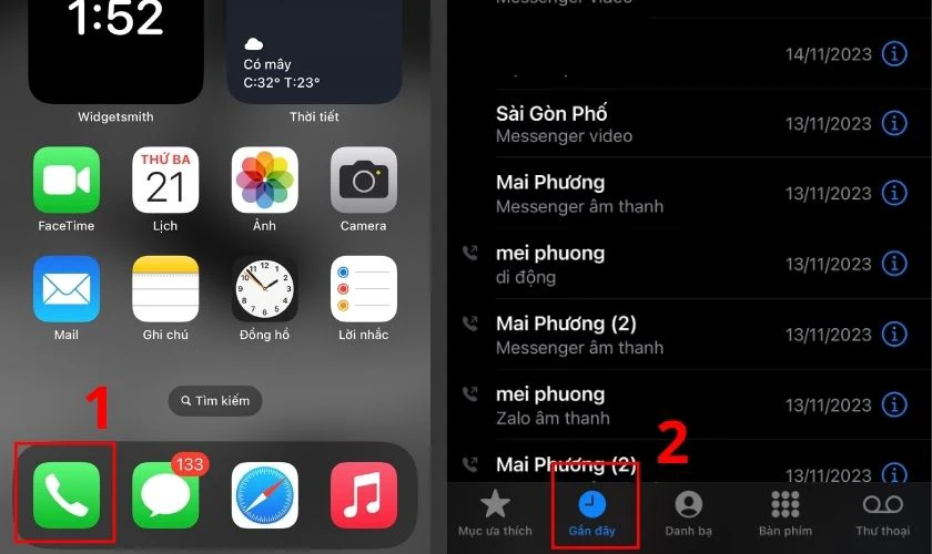 Vào mục Gần đây để xem danh sách cuộc gọi gần đây