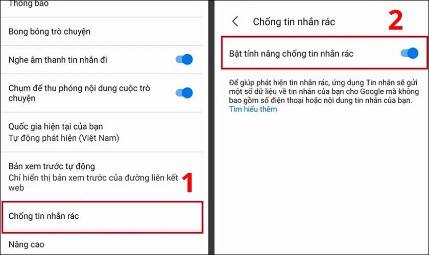 Kích hoạt tính năng chống tin nhắn rác trong Chống tin nhắn rác