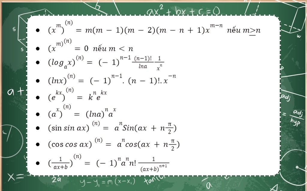 Bảng công thức tính đạo hàm cấp cao thường gặp