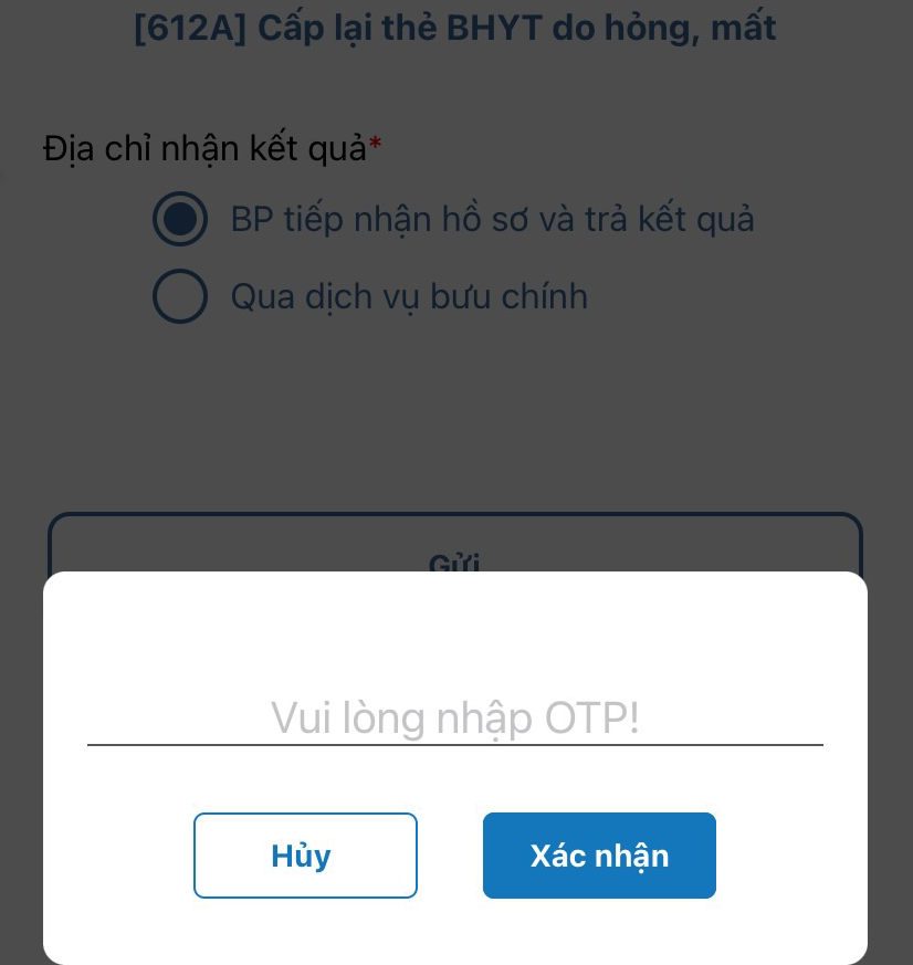 nhập mã OTP rồi nhấn xác nhận để hoàn thành thử tục cấp lại sổ BHXH