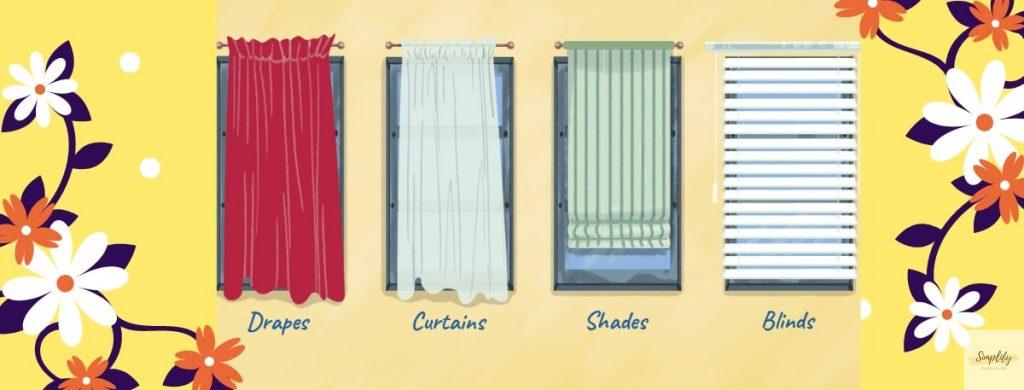Sự khác biệt giữa curtains, drapes, shades và blinds.