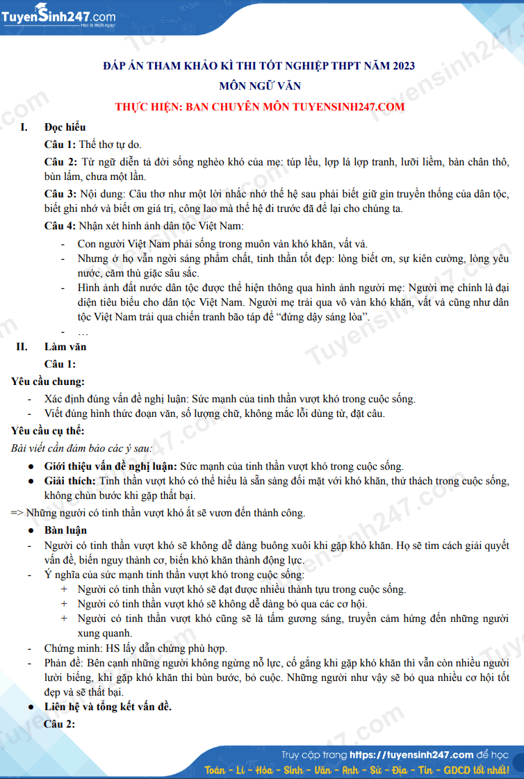 Huong dan giai de minh hoa 2023 tot nghiep THPT - Tat ca cac mon