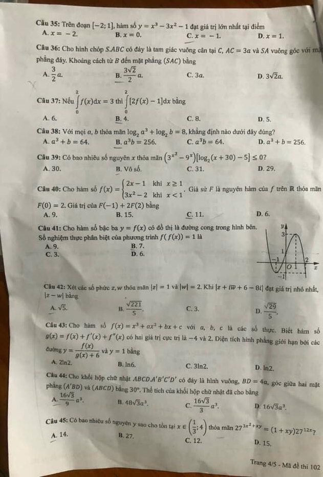 Đề thi toán thpt 2021 mã đề 102