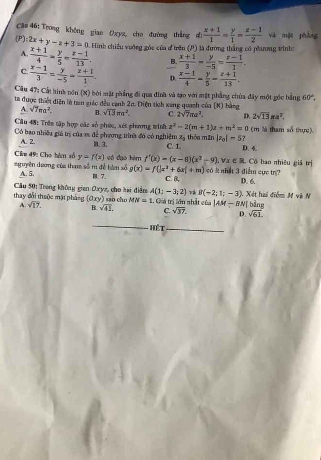 Đề thi tốt nghiệp thpt 2021 môn toán mã đề 102