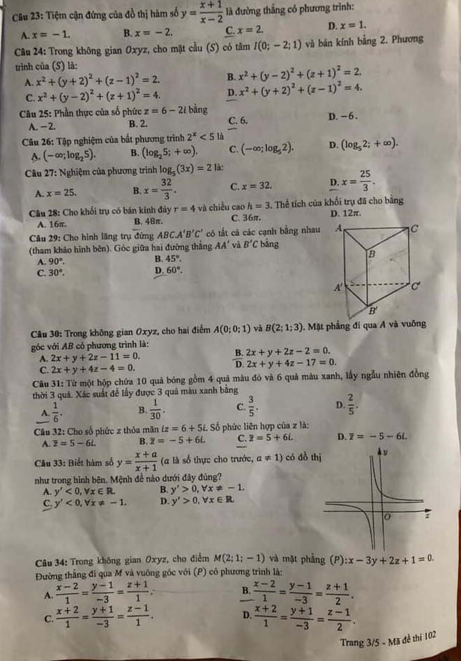 Đề thi môn toán thpt quốc gia 2021 mã đề 102