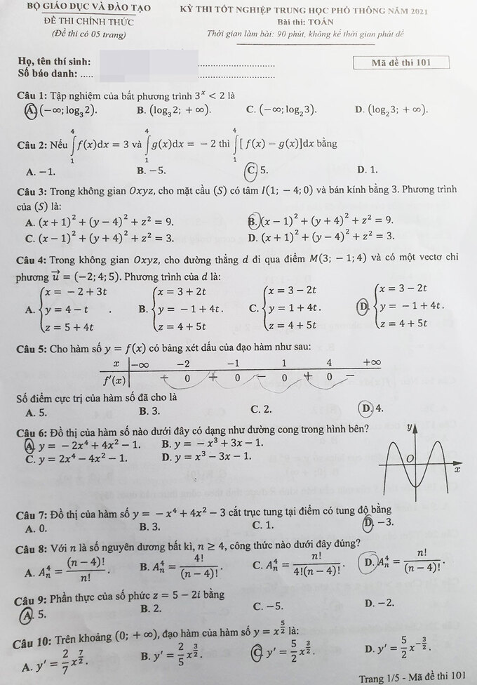 đề thi toán thpt quốc gia 2021