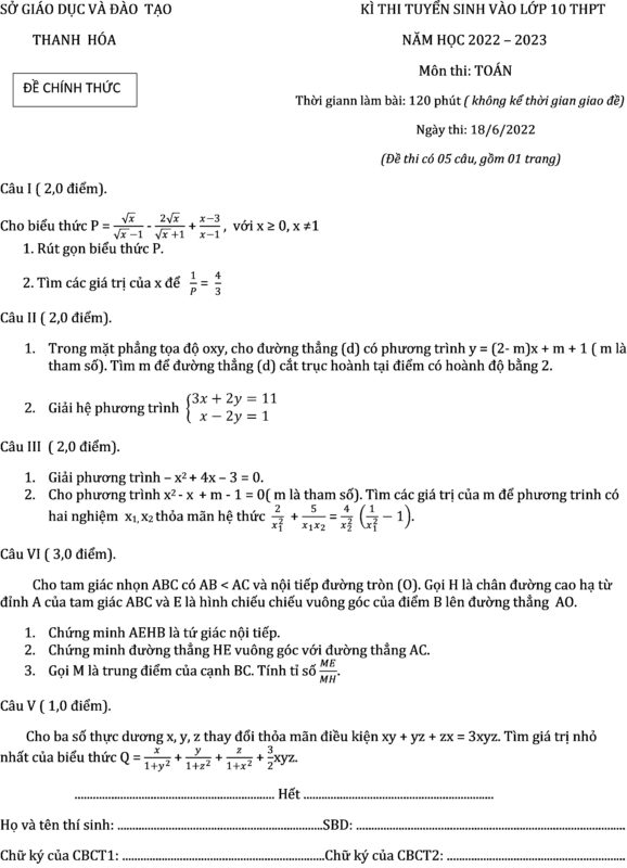 Đáp án đề thi vào lớp 10 môn toán tỉnh Thanh Hóa năm học 2022 - 2023