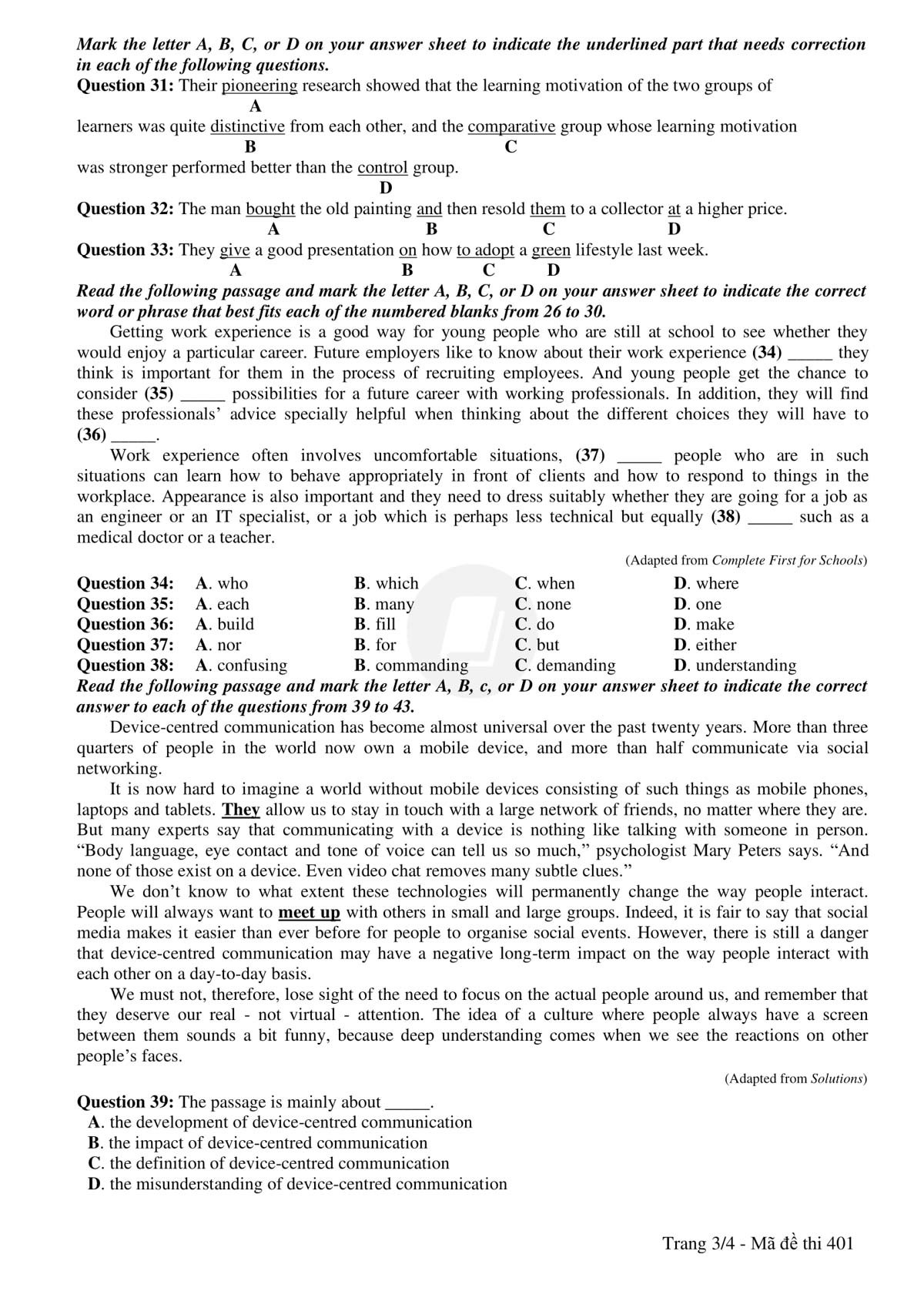 đề thi chính thức và đáp án môn Tiếng Anh kỳ thi tốt nghiệp THPT Quốc gia - 3