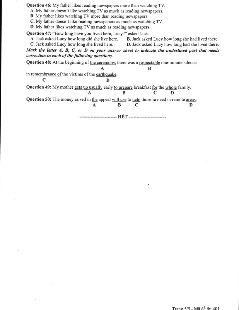 đề thi chính thức và đáp án môn Tiếng Anh kỳ thi tốt nghiệp THPT Quốc gia - 25