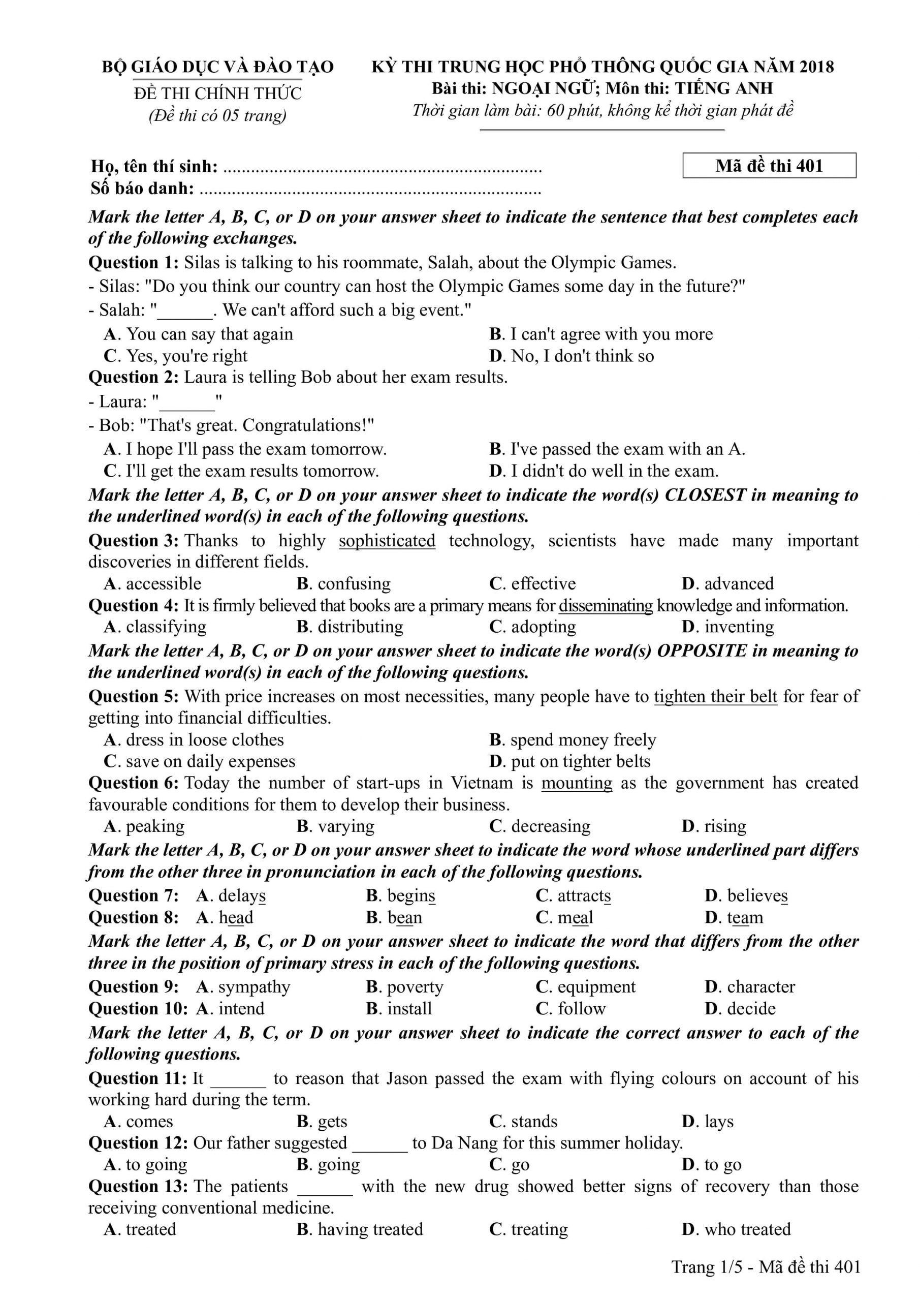 đề thi chính thức và đáp án môn Tiếng Anh kỳ thi tốt nghiệp THPT Quốc gia - 27