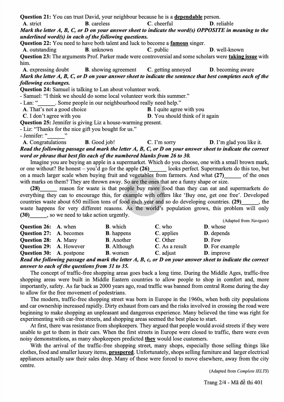 đề thi chính thức và đáp án môn Tiếng Anh kỳ thi tốt nghiệp THPT Quốc gia - 7