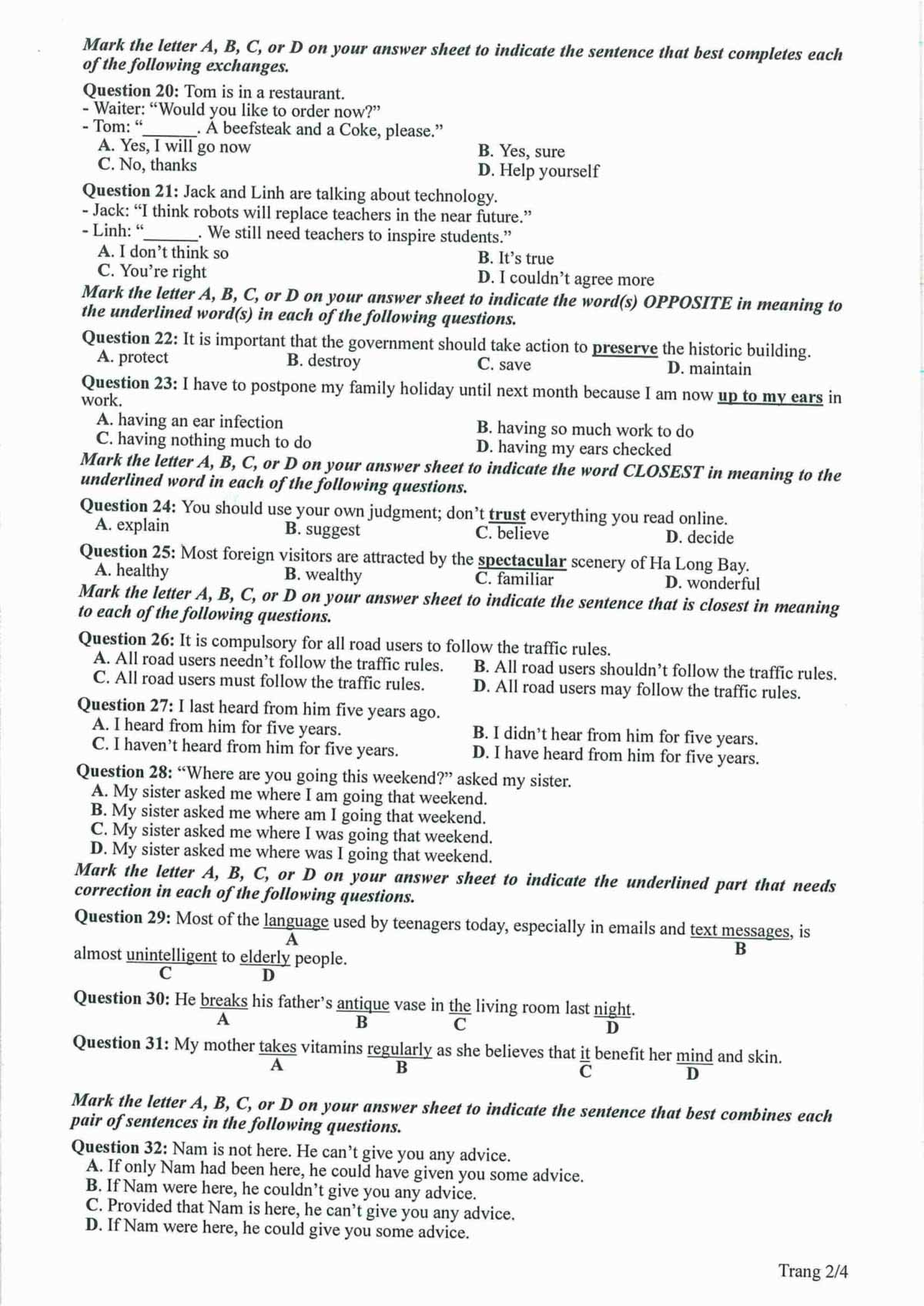 Đề minh họa Anh 2023 câu 20-32