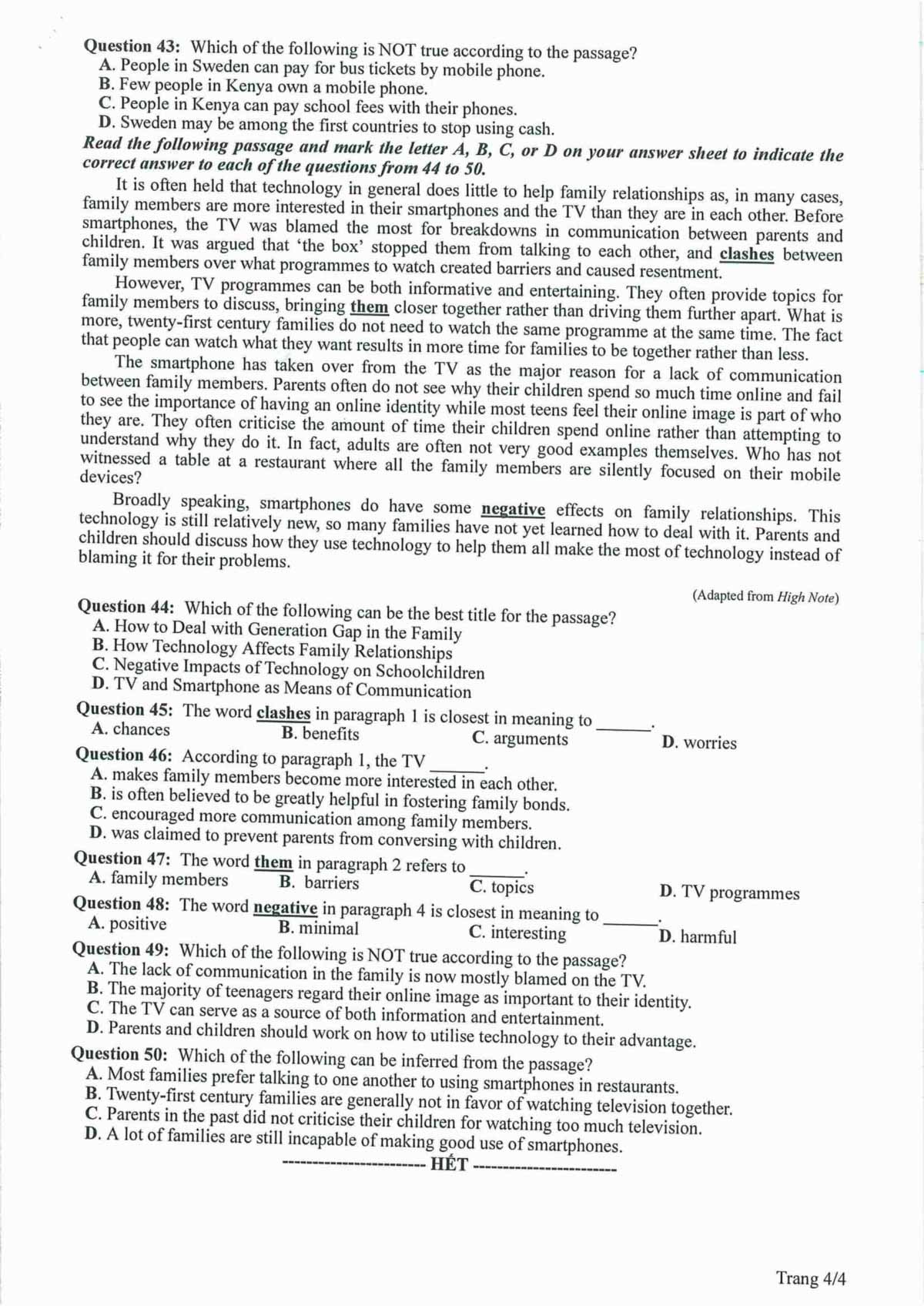 Đề thi minh họa 2023 môn Anh câu 43-50