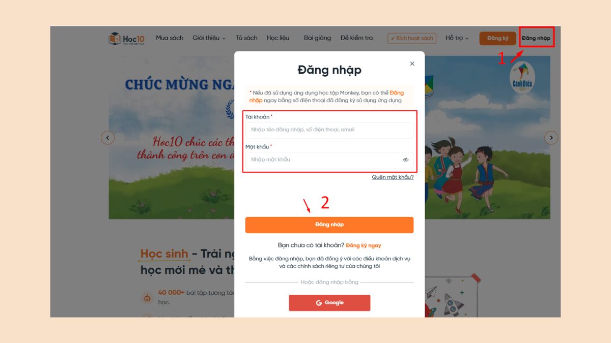 Cách sử dụng Hoc10 cho học sinh bước 1