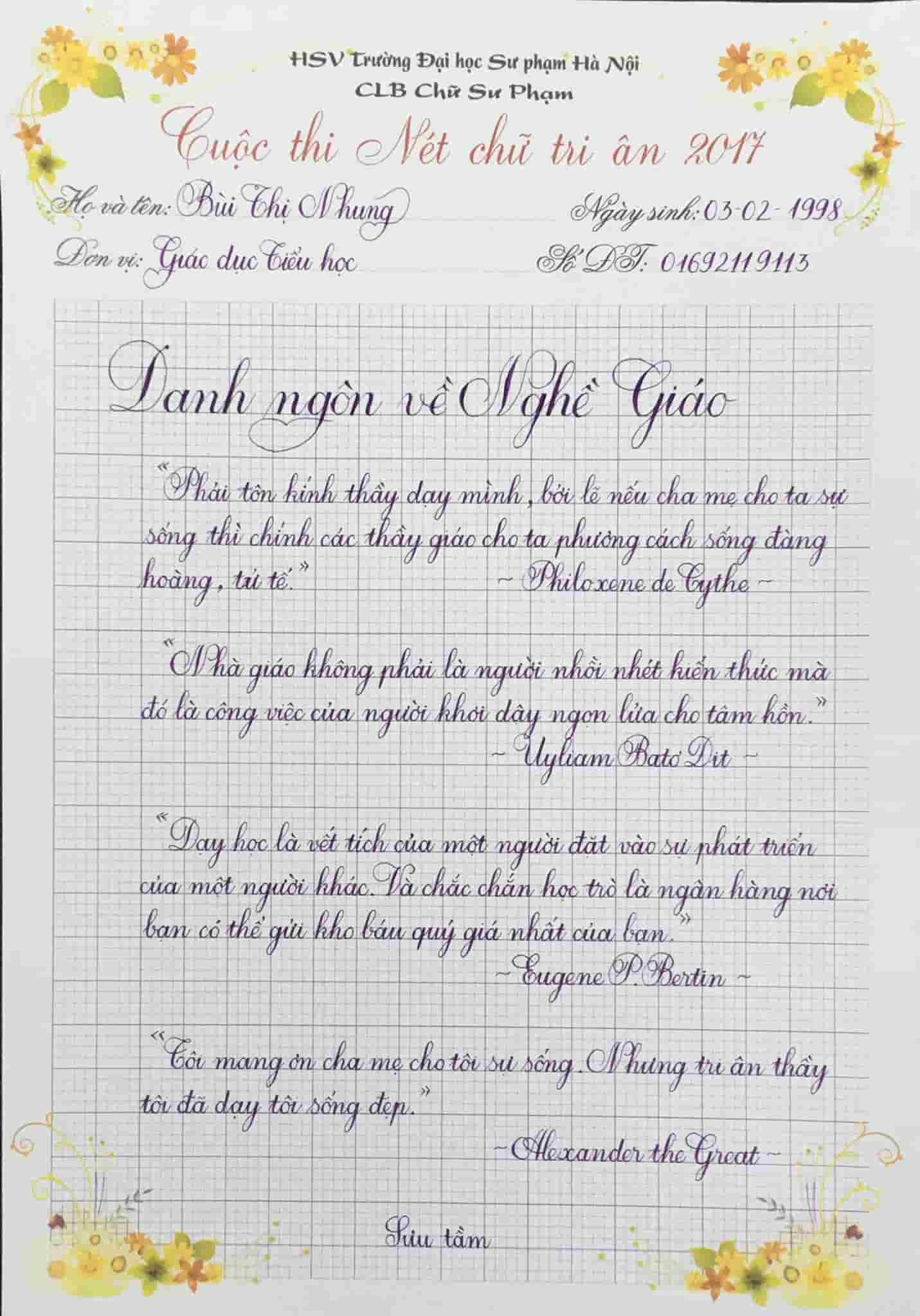 Bài dự thi viết chữ đẹp của cô giáo