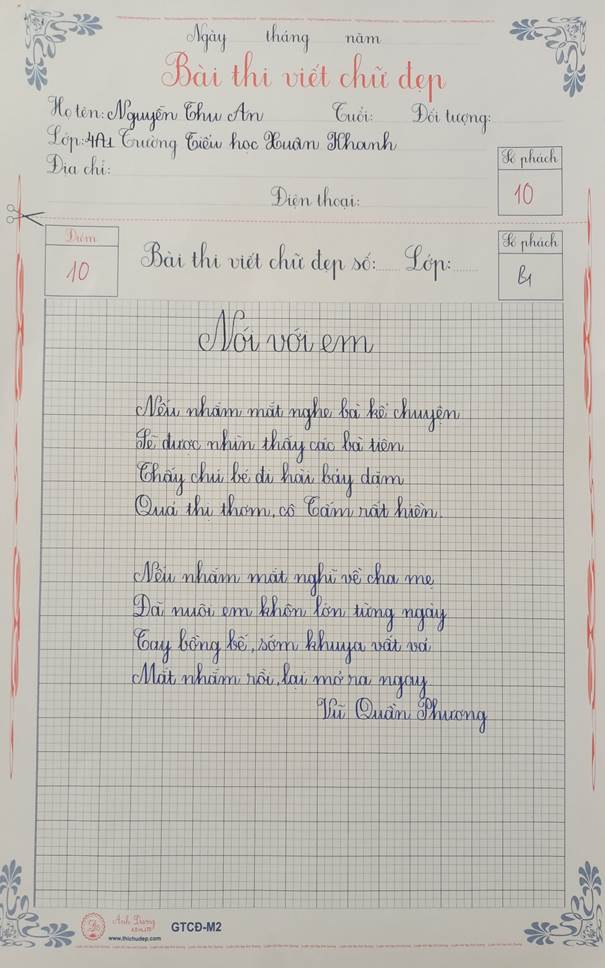Mẫu bài thi viết chữ đẹp