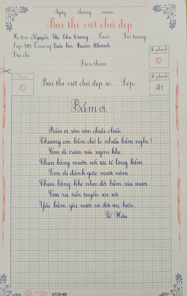 Mẫu bài thi viết chữ đẹp