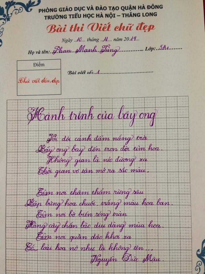 Bài thi viết chữ đẹp đạt giải