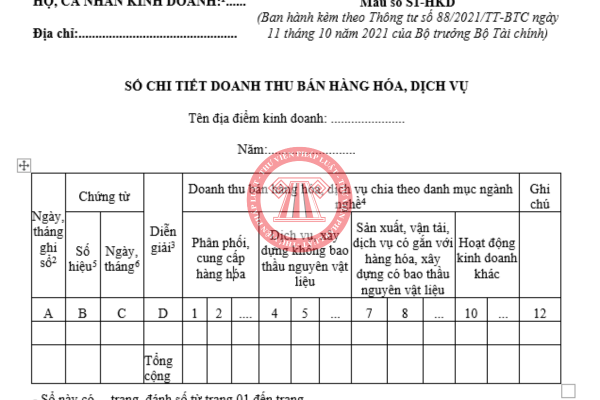 Mẫu sổ chi tiết doanh thu bán hàng hóa dịch vụ cho HKD, cá nhân kinh doanh 2025