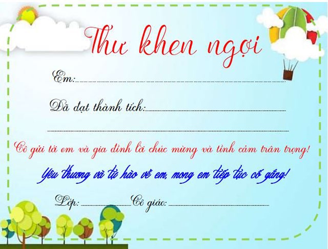 Mẫu thư khen học sinh