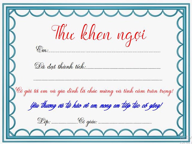 Mẫu thư khen học sinh