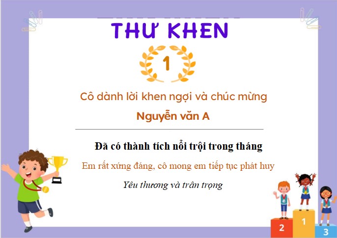 Mẫu thư khen học sinh tiểu học file word
