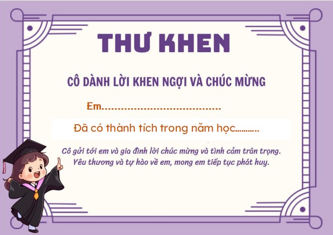 Mẫu thư khen học sinh tiểu học file word
