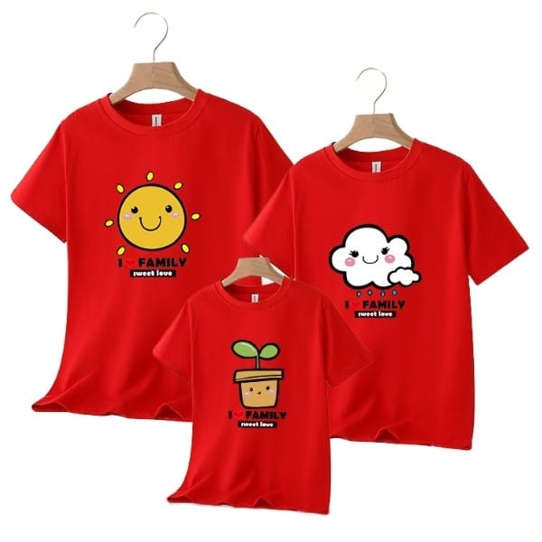 Áo Đồng Phục Gia Đình In Hình Vẽ Đáng Yêu Màu Đỏ