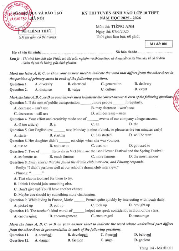 Sở GD&ĐT Hà Nội công bố đề, đáp án bài thi vào lớp 10 năm học 2025-2026